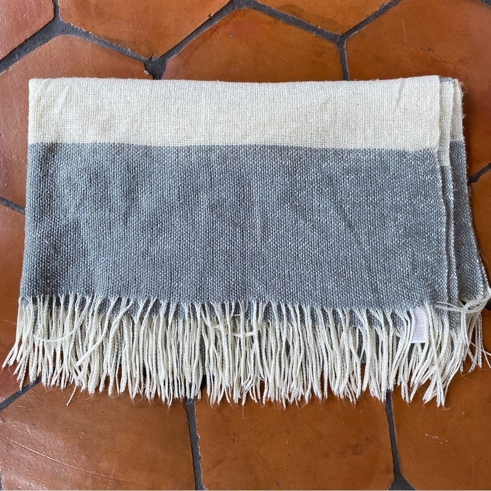 West Elm Gray Striped Throw Blanket Fringe Super Soft Wool 50 x 60